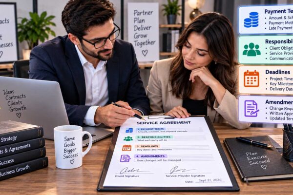 Basic business contract showing payment terms, responsibilities, deadlines, and signatures