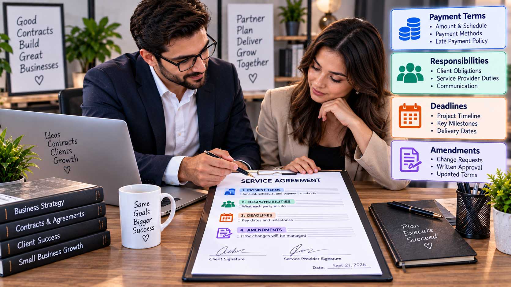 Basic business contract showing payment terms, responsibilities, deadlines, and signatures