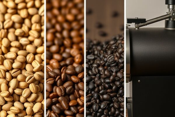 Coffee roasting process showing beans changing from green to light and dark roasted stages