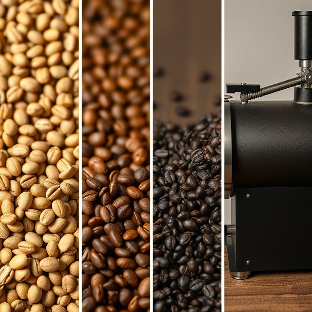 Coffee roasting process showing beans changing from green to light and dark roasted stages