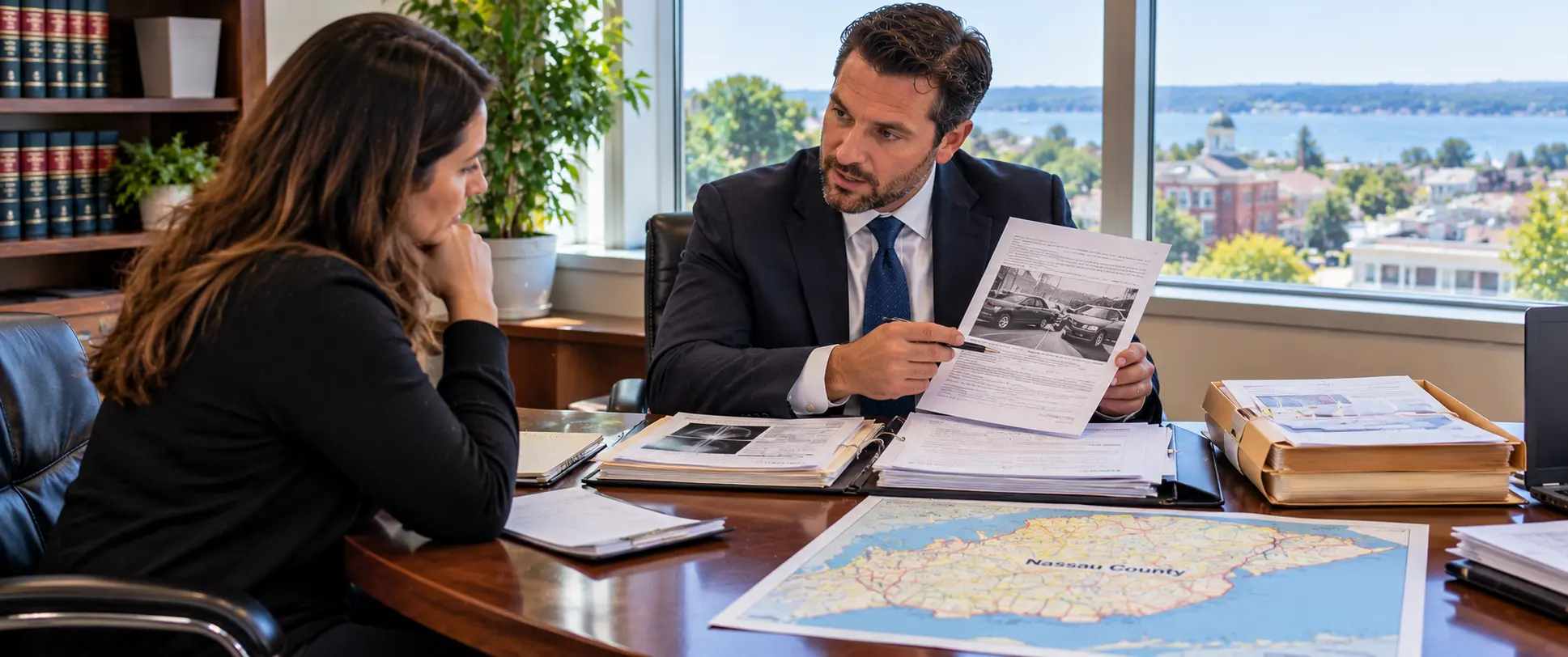 Attorney discussing personal injury representation for Nassau County residents during a legal consultation.