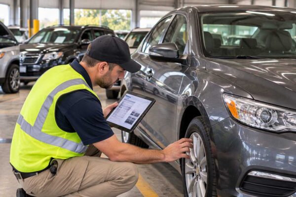 Automotive inspector reviewing vehicle auction condition reports while examining a used sedan for damage.