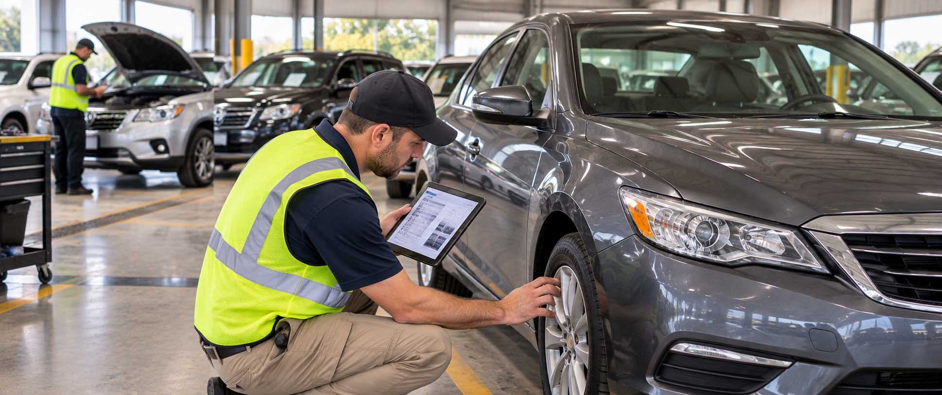 Automotive inspector reviewing vehicle auction condition reports while examining a used sedan for damage.